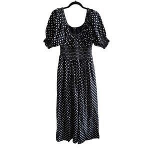 Madewell Black White Polka Dot Smocked Puff Sleeve Scoop Neck Midi Dress 4 NEW